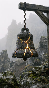 Cracked ancient metal bell hanging on a wooden beam in a misty mountain landscape