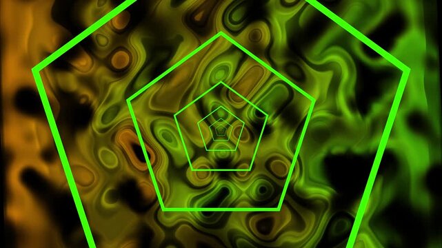 Abstract geometric patterns with glowing neon pentagons and swirling textures
