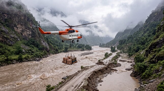 Rescue Helicopter Carrying Relief Supplies Over Flooded Mountain River Valley