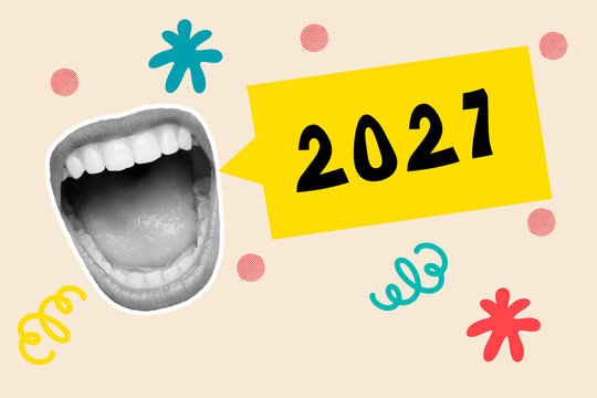 Collage de una boca abierta junto a una burbuja de chat con el a&ntilde;o escrito 2027 sobre un fondo beige claro. Vista de frente y de cerca. Copy space
