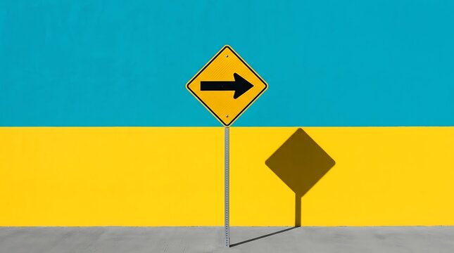 Yellow road sign with a black arrow pointing right against a blue and yellow wall