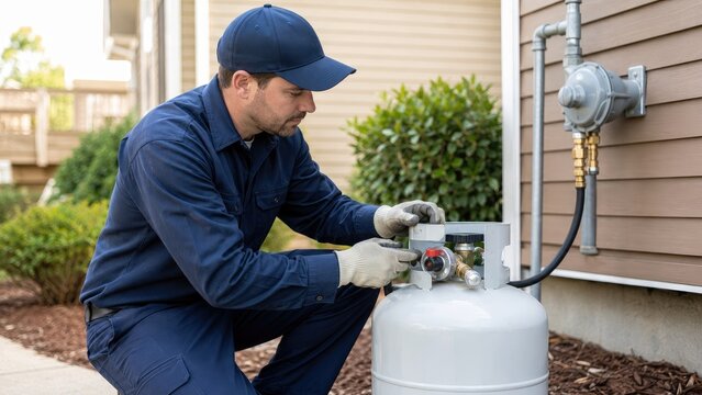 Technician adjusting regulator on a residential propane tank outside a home