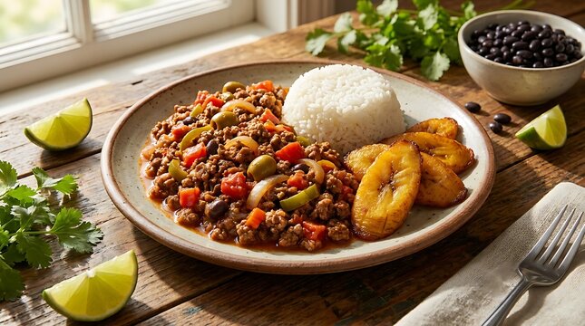 Delicious cuban style picadillo with rice and fried plantains served on a rustic wooden table setting. Cuban Cuisine