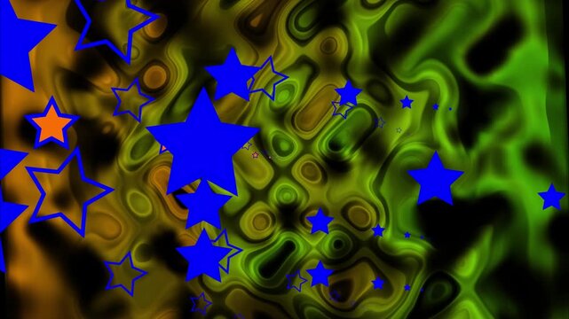 Abstract swirling green and gold patterns with blue and orange stars during a festive celebration