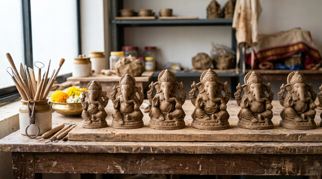 Row of unpainted clay Ganesha idols on a wooden workbench. Handcrafted eco friendly statues in a pottery workshop. Sustainable festival concept