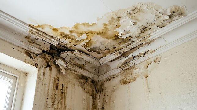 Water damage leaking on the ceiling and wall corner of an old house