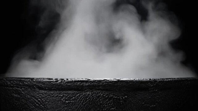 Dense White Steam Billowing Above the Rim of a Black Cast Iron Vessel in Dramatic Close-Up