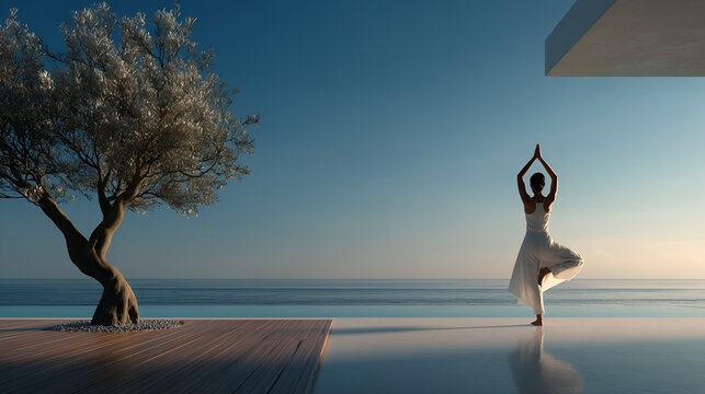Woman practicing yoga tree pose at a luxury seaside villa