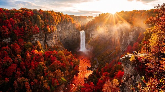Majestic waterfall in autumn canyon with vibrant fall colors