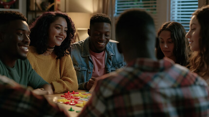 Fototapeta premium A cheerful group of friends enjoying a colorful board game during a relaxed indoor gathering filled with laughter and genuine connection.