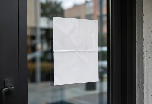 Blank white rectangle entrance sticker on glass door mockup, ai generated. Clean label for business information, opening hours, warning notice, advertising, signage, branding, logo or custom design.