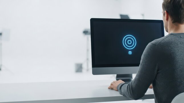 Man facing computer monitor with glowing circular interface