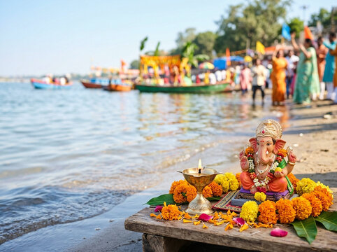 Ganesha idol and brass lamp on wooden plank at riverbank. Ganesh Chaturthi visarjan background with boats and people. Traditional Hindu ritual by the water