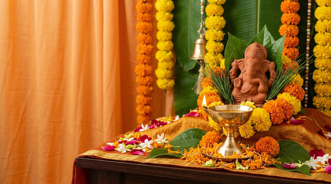 Ganesha idol with marigold garlands and brass lamp. Ganesh Chaturthi home decoration background. Hindu festival puja setting