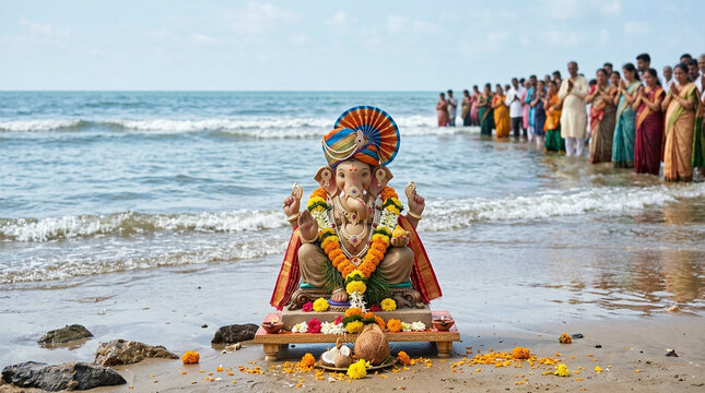 Ganesha idol on beach before visarjan immersion. Ganesh Chaturthi festival with crowd by the sea. Hindu deity on sandy shore