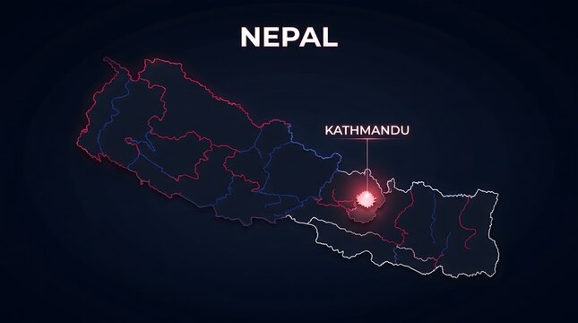 Digital Futuristic Map of Nepal Highlighting Capital City Kathmandu on Dark Background