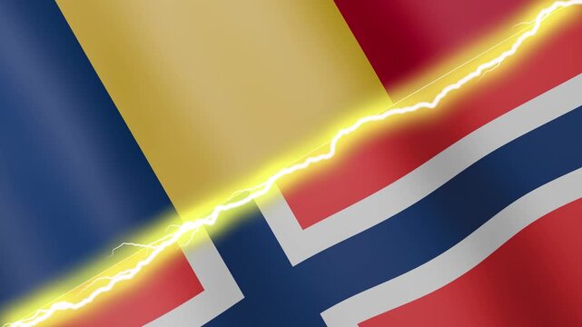Two waving flags Chad and Norway with diagonal lightning seamless, 4k loop