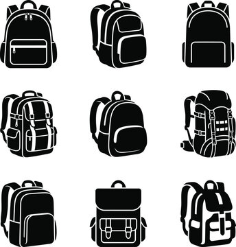 Backpack vector icon collection for travel and school supplies.