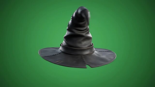 Cinematic pointed black witch hat spinning and hovering against a bright green screen background for chroma key compositing