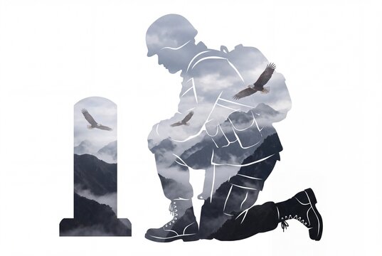Soldier kneeling at headstone with mountain double exposure