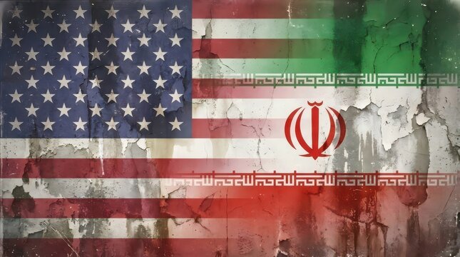 USA and Iran flags superimposed on grunge textured wall, geopolitical conflict international relations concept illustration
