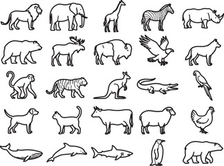 Fototapeta premium A collection of hand-drawn animal illustrations, featuring a diverse range of mammals, birds, and reptiles, presented in a clean, graphic style on a plain background.