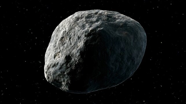 A large irregularly shaped asteroid floating in space with a starry background and visible surface texture