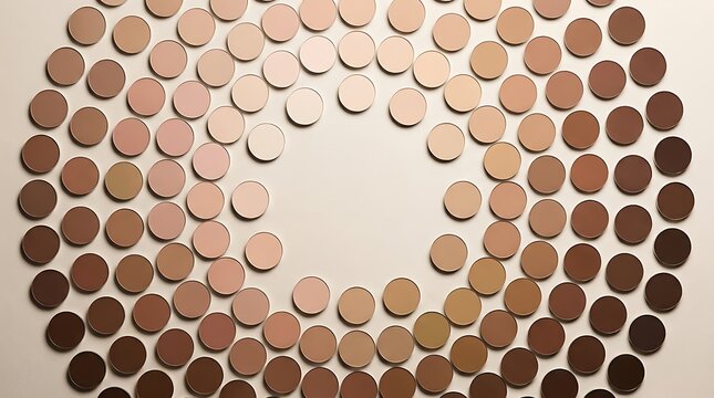 Top view of many makeup powder circles arranged in a spiral pattern showing various skin tone shades. skintone palette