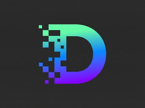 Stylized letter D with digital pixel dispersion effect in vibrant gradient colors against a dark charcoal grey background