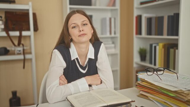 Woman with open book points index finger at air at desk in building study room; contemplative focus.