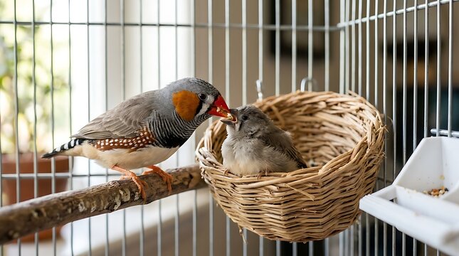 Male zebra finch bird feeding its baby in a small woven nest inside a cage