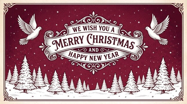 Vintage christmas card with doves and pine trees in engraved style on a red background