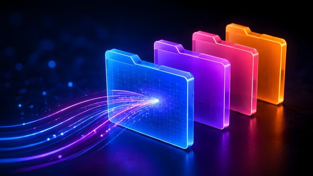 Digital file folders in vibrant neon colors receiving glowing data streams on dark background
