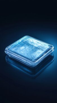 Ice cube tray on a blue surface with reflections and a dark background