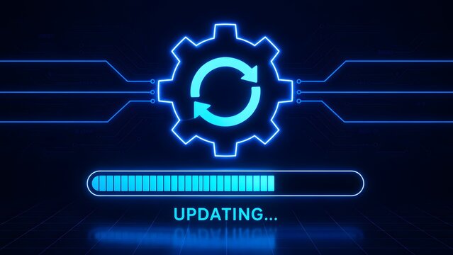 Glowing blue gear and progress bar with updating text on dark background for system upgrade concept