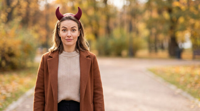 Woman wearing devil horn headband walking outdoors in autumn park for Halloween concept