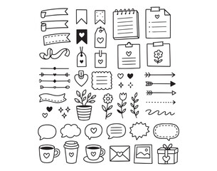 Fototapeta premium Hand drawn doodle icon set with ribbons tags arrows hearts flowers cups and speech bubbles in outline style for crafts and stationery projects, with doodle, icon, set, ribbon detail