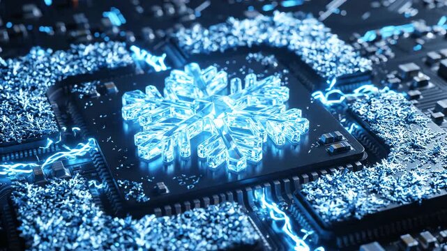 Futuristic microprocessor with glowing crystal snowflake emblem and icy frost textures as neon blue energy pulses through cooling circuits