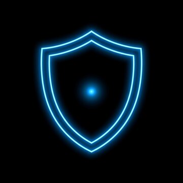 Glowing blue neon shield icon on black background