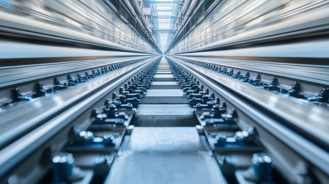 Train tracks extend into the distance, showing metal rail ties and smooth steel rails, captured from a low angle