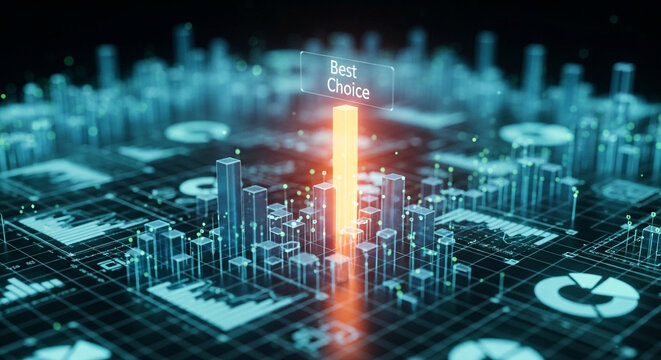 Digital data analytics visualization with glowing orange bar graph, business intelligence concept, financial statistics technology, best choice selection interface