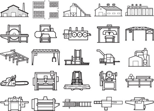A collection of line art icons representing various industrial buildings and machinery, offering a clear and concise visual of manufacturing and production elements.