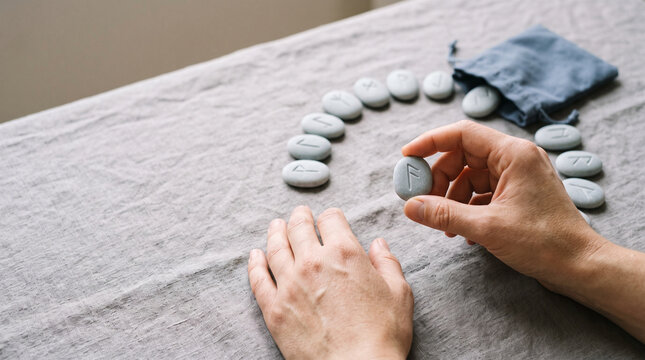 Hands arranging rune stone set in circle on linen fabric for fortune telling