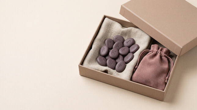 Rune stone set with velvet pouches displayed in open gift box