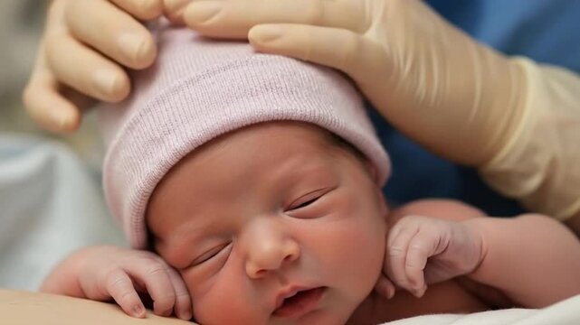 Closeup of a newborn baby wearing a soft pink hat, being gently held by a healthcare professional wearing medical gloves in a hospital setting
