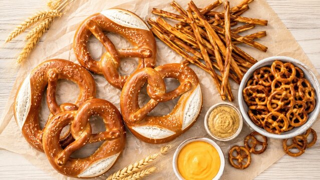 Warm salted soft pretzels with pretzel sticks, mini pretzels, whole grain mustard and cheese dip on parchment over a wooden table, rustic flat-lay snack arrangement