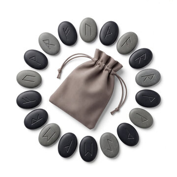 Rune stone set on white arranged in circle around pouch isolated background