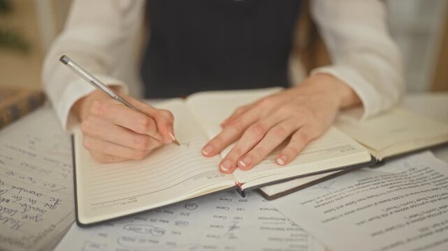 Young woman student in uniform writing with a pen, left hand holding open ruled notebook and notes on a desk in a school building; focused study.