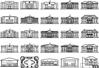 Fototapeta premium A collection of distinct architectural building illustrations, showcasing diverse styles and facade designs in a monochromatic, line-art presentation.
