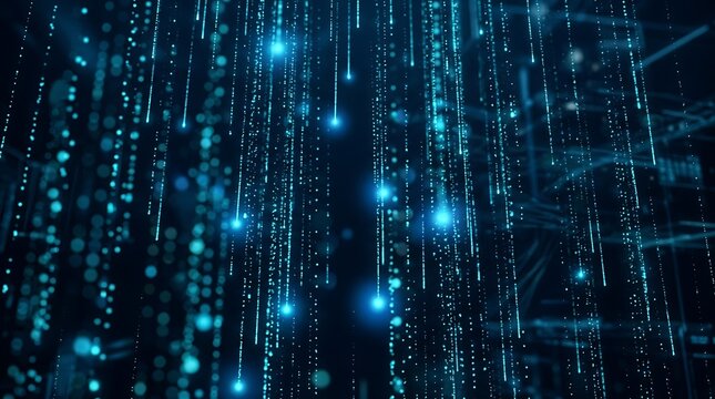 Digital rain composed of glowing blue light streams and data points cascading vertically downward to visualize complex information systems.